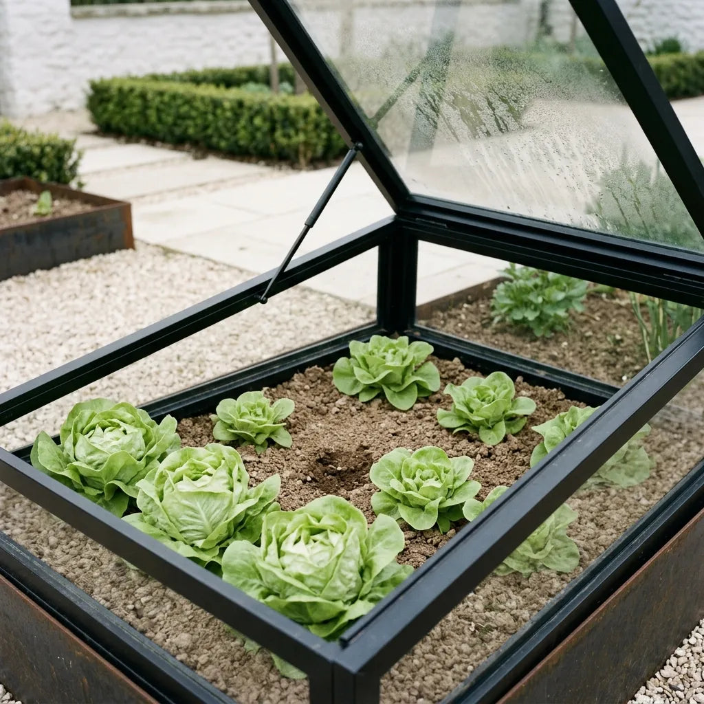 Laitues de printemps cultivées sous châssis, couvercle relevé pour aérer — SemiSauvage