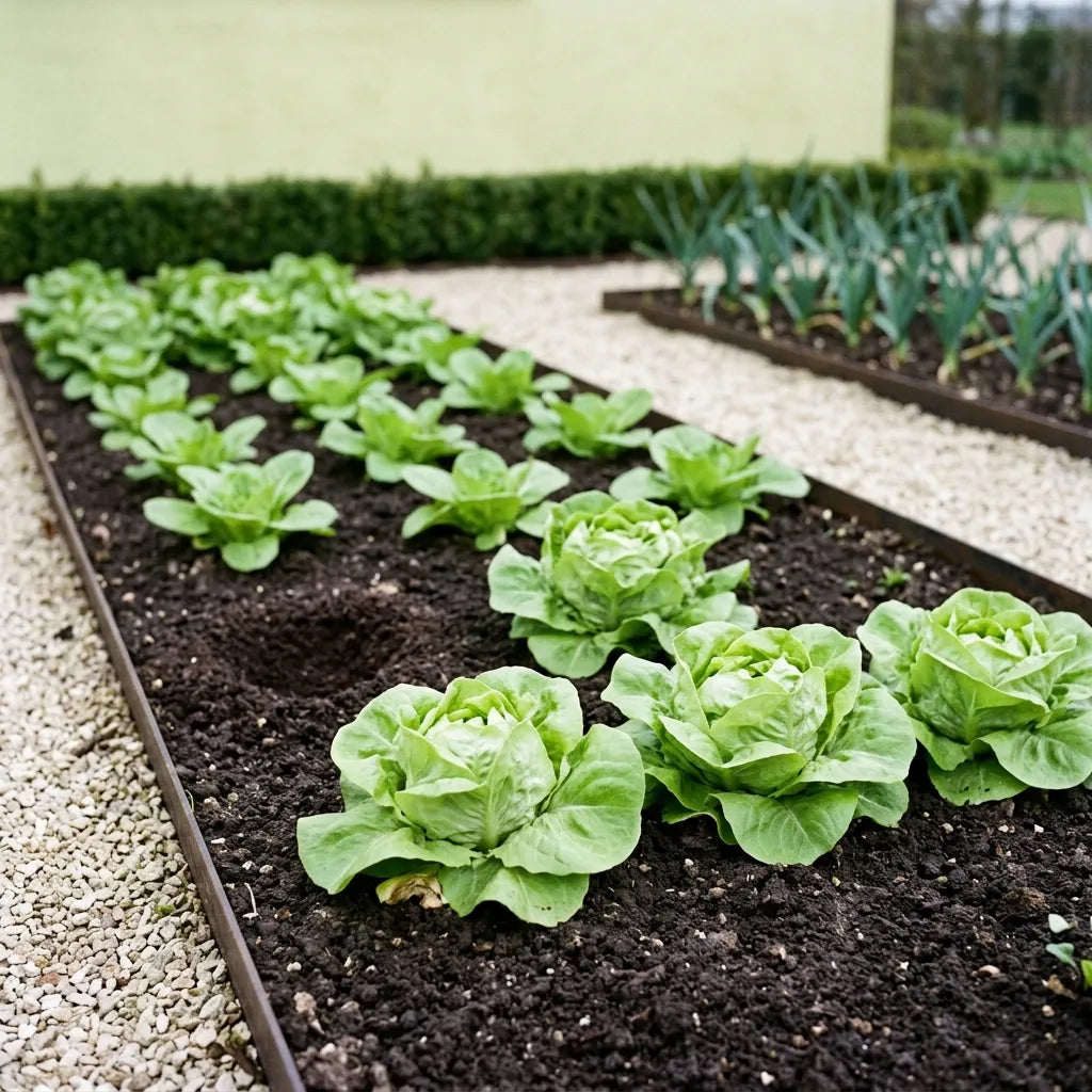 Planche de laitues de printemps au potager, pommes lachées et collets bien dégagés — SemiSauvage
