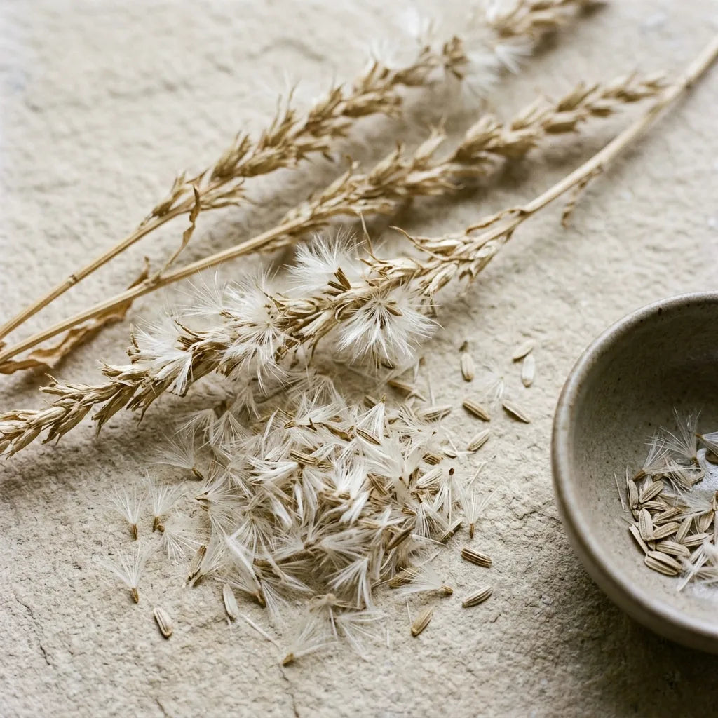 Récolte de graines de laitue : capitules éclatés et akènes à aigrette soyeuse — SemiSauvage