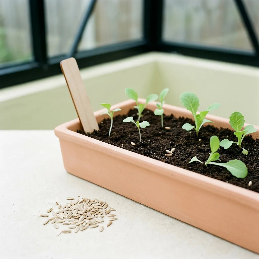 Semis de laitue de printemps en terrine : cotylédons, premières feuilles et akènes striés — SemiSauvage