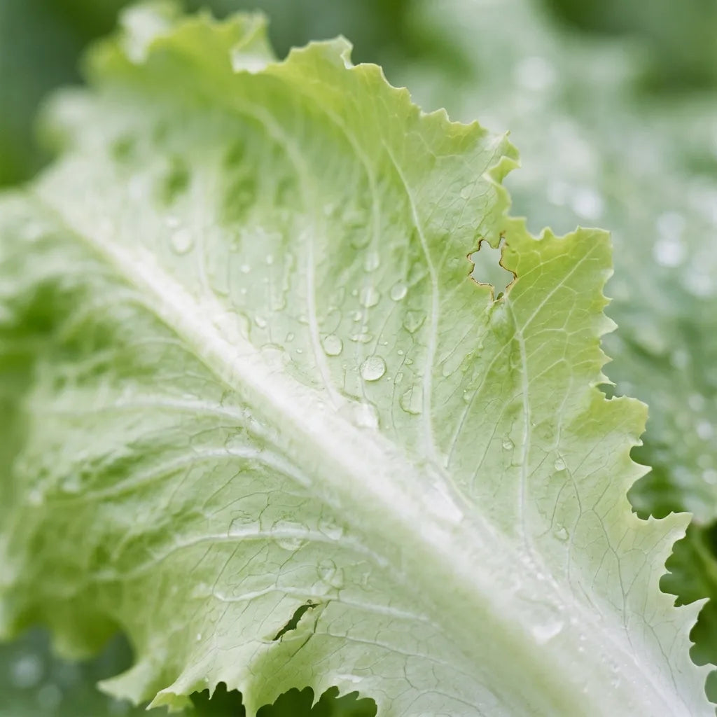 Feuille de laitue Iceberg à nervure blanche croquante sous la rosée, macro — SemiSauvage