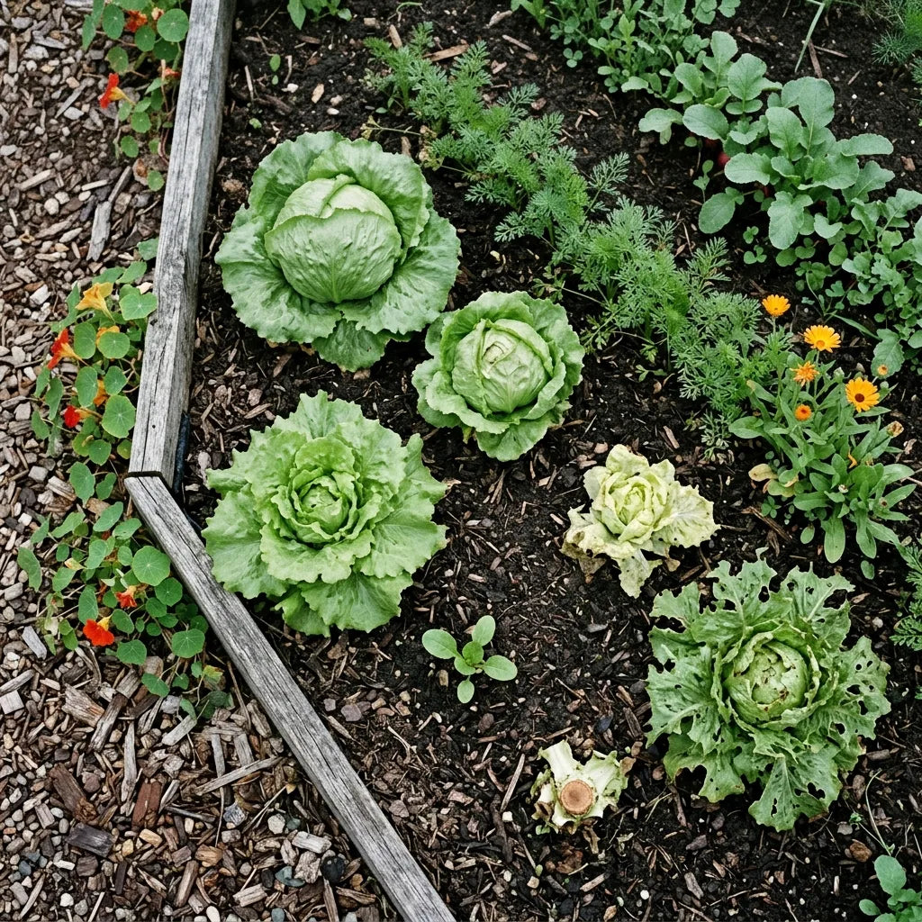 Laitues Iceberg à tous les stades dans une planche de permaculture — SemiSauvage