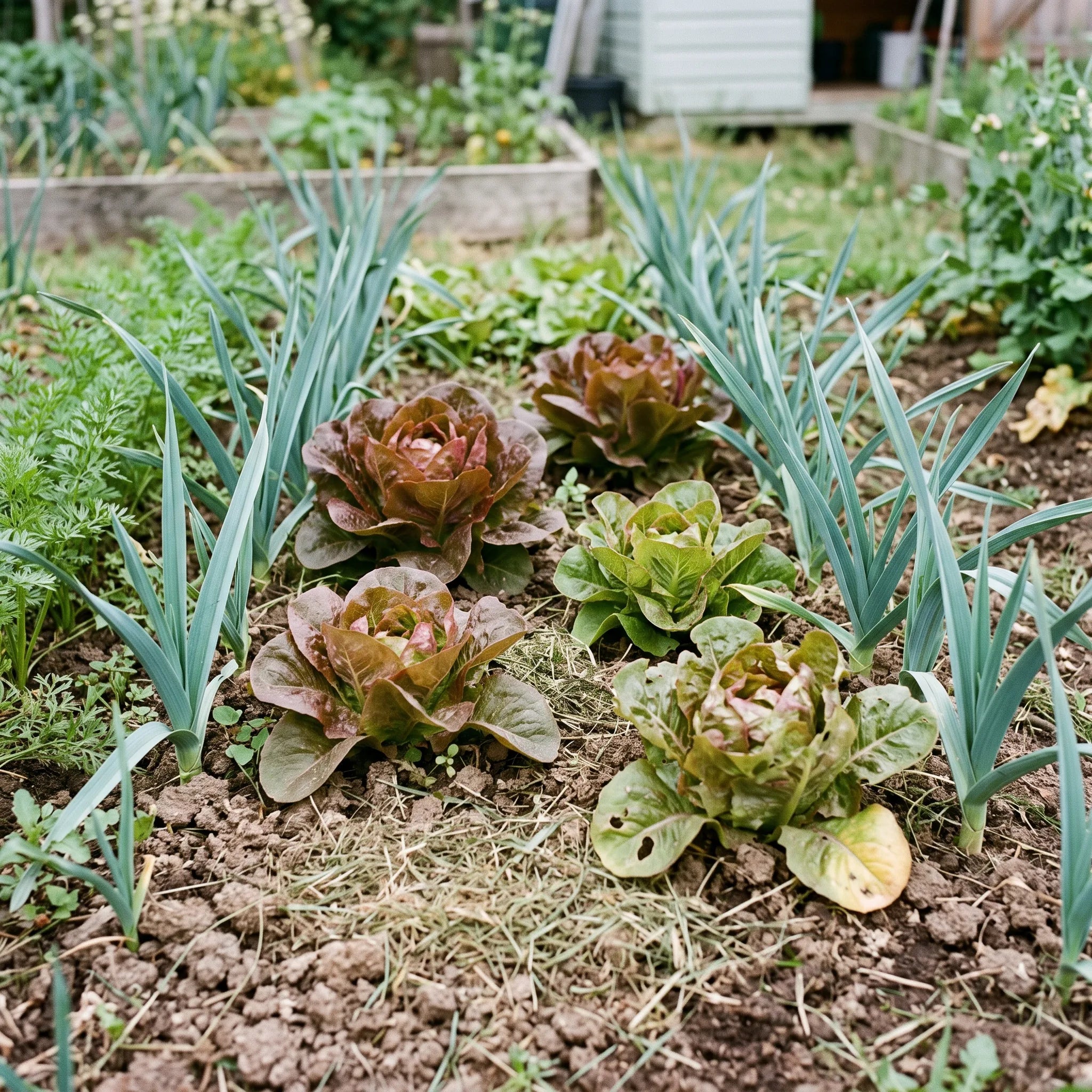 Laitue Merveille des Quatre Saisons cultivée en intercalaire entre poireaux et carottes