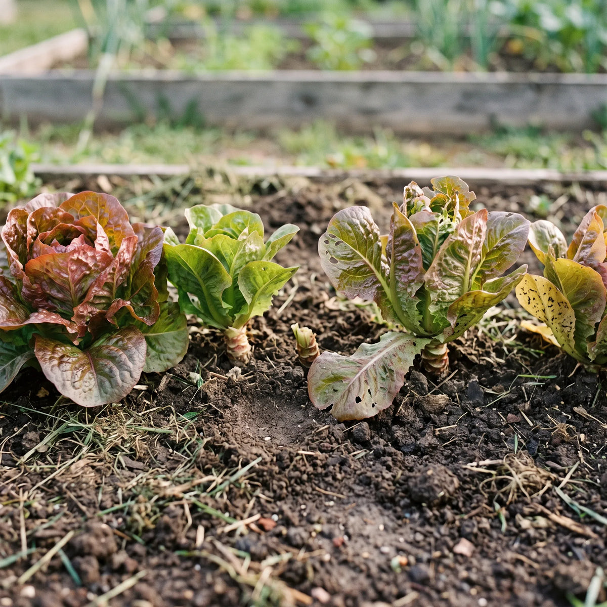 Rang de laitues Merveille des Quatre Saisons au potager, pommes lavées de rouge bronze