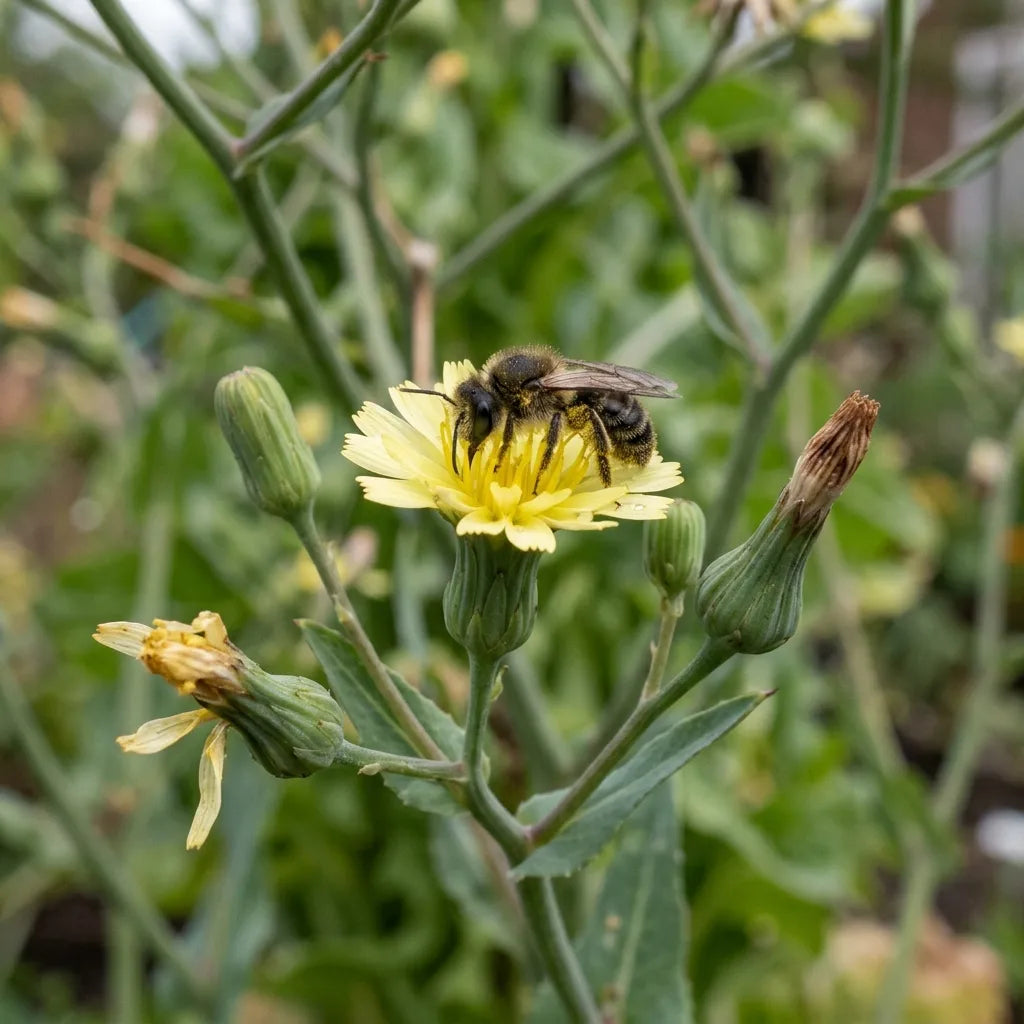 Abeille sauvage sur un capitule jaune de laitue montée à graines — SemiSauvage