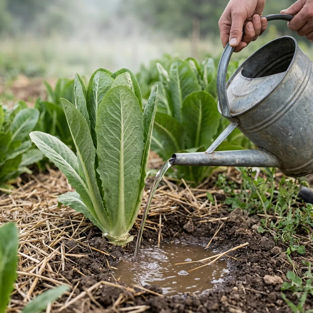 Arrosage d'une laitue romaine au pied le matin, sans mouiller le feuillage — SemiSauvage