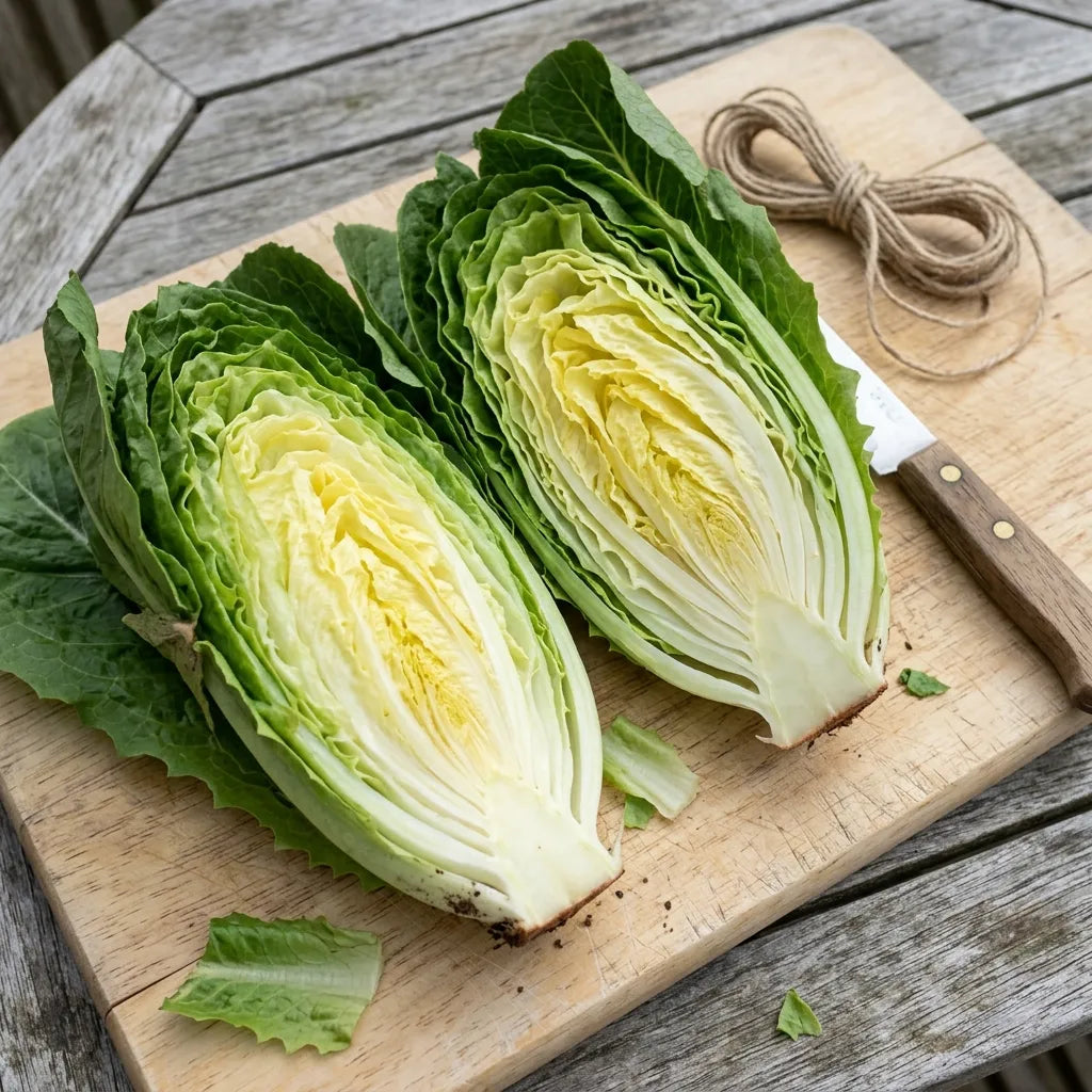 Cœur blanchi d'une laitue romaine fendue en deux après dix jours de liage — SemiSauvage