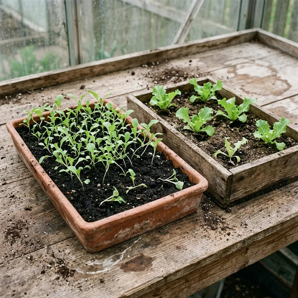 Semis de laitue en terrine et jeunes plants repiqués sous serre — SemiSauvage