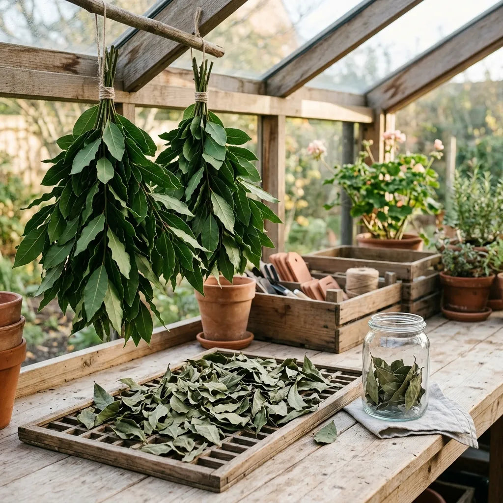 Séchage des feuilles de laurier sauce dans un atelier de jardin — SemiSauvage