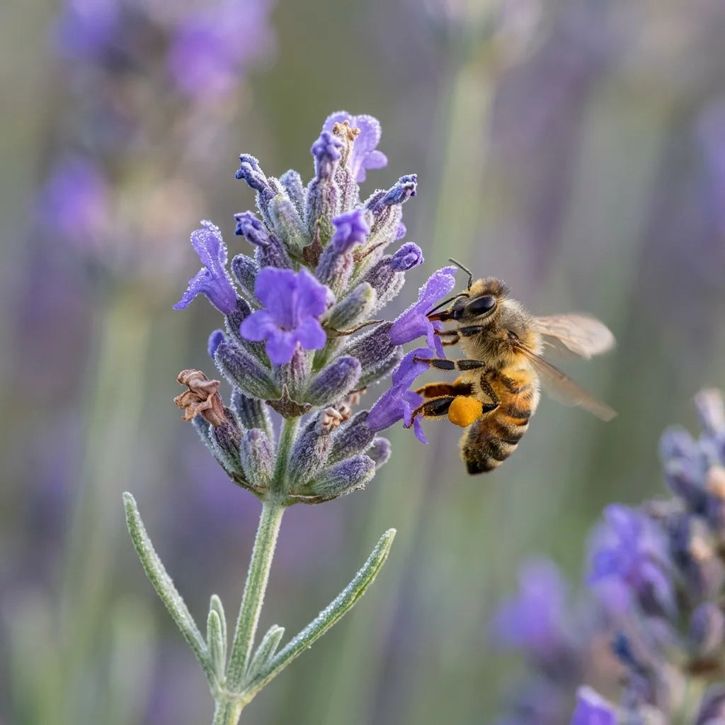 Abeille butinant un épi de lavande vraie (Lavandula angustifolia) couvert de rosée — SemiSauvage