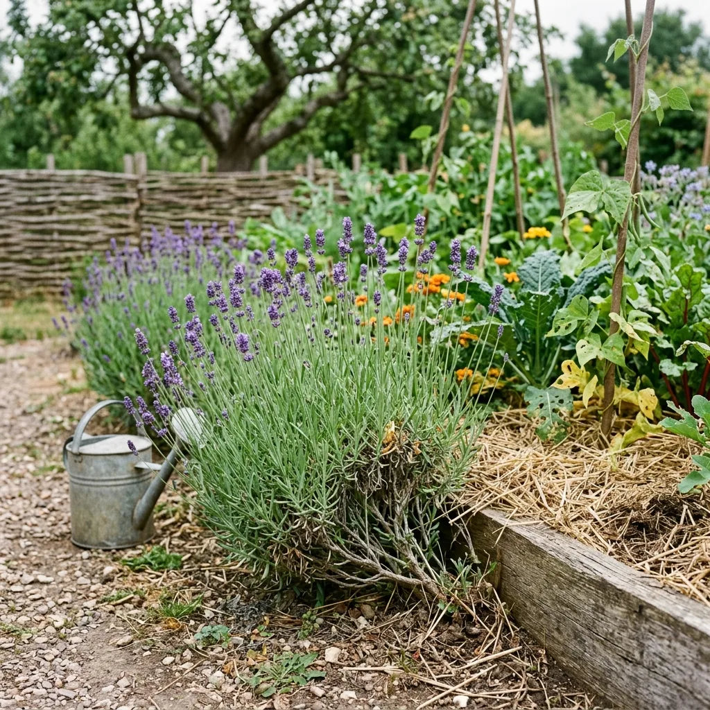 Lavande vraie (Lavandula angustifolia) en bordure d'une planche de potager en permaculture — SemiSauvage