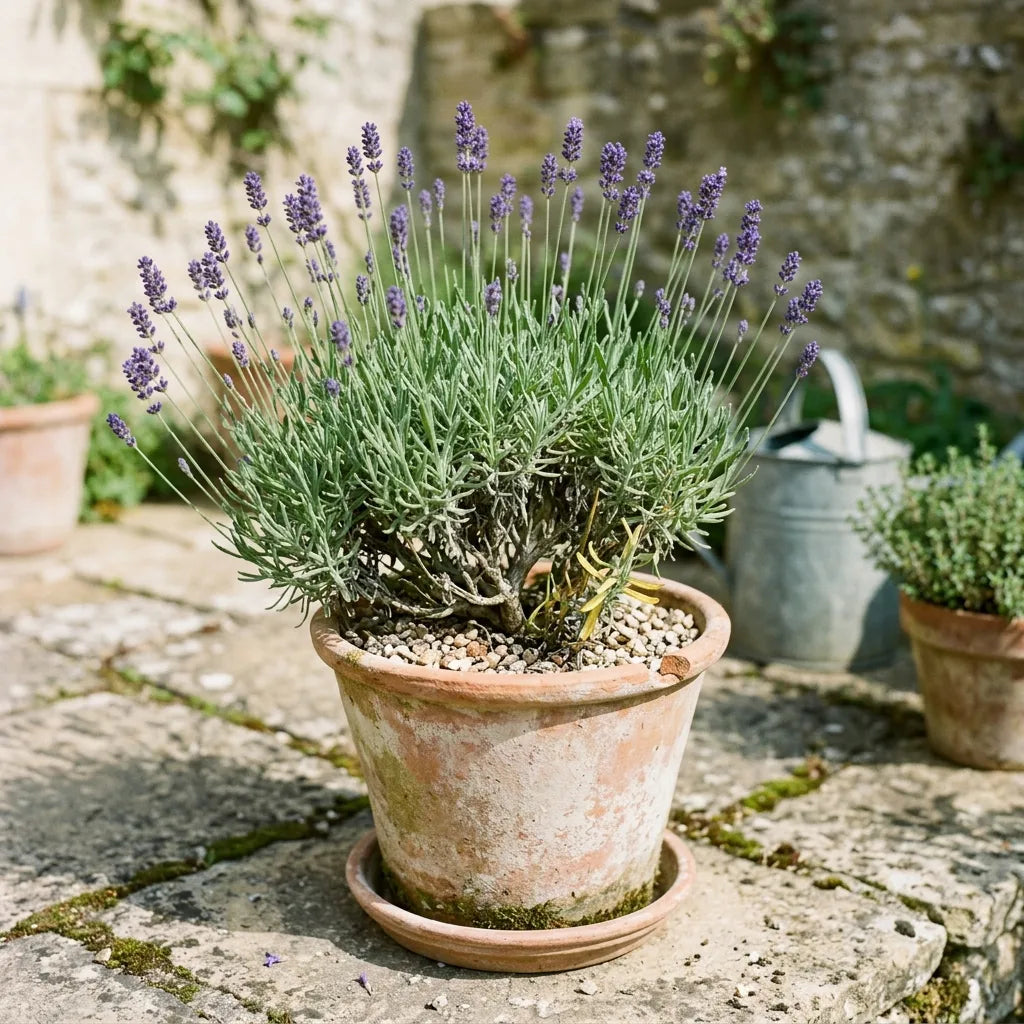 Pied de lavande vraie (Lavandula angustifolia) cultivé en pot de terre cuite sur une terrasse — SemiSauvage