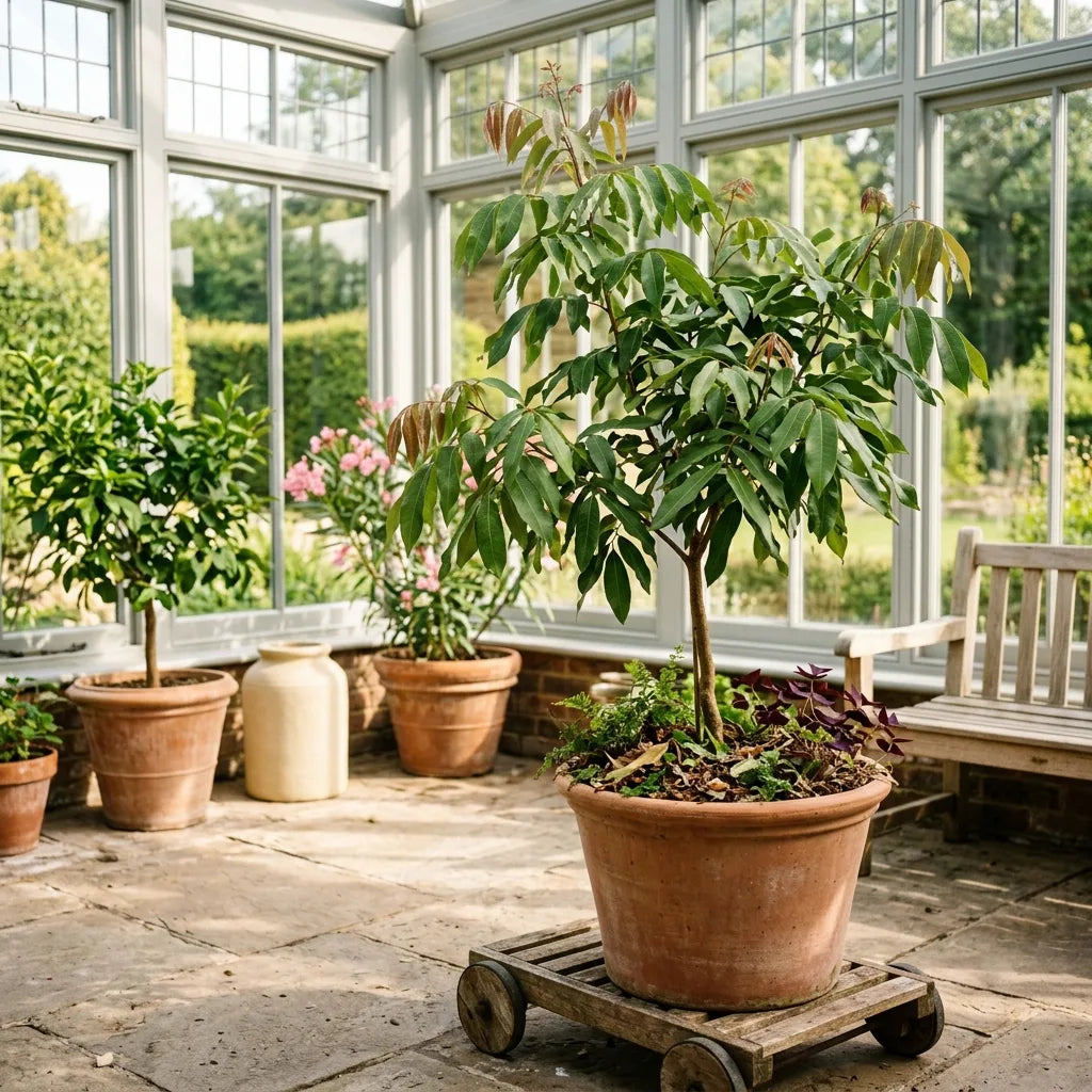 Jeune letchi de Chine cultivé en pot dans une orangerie vitrée — SemiSauvage