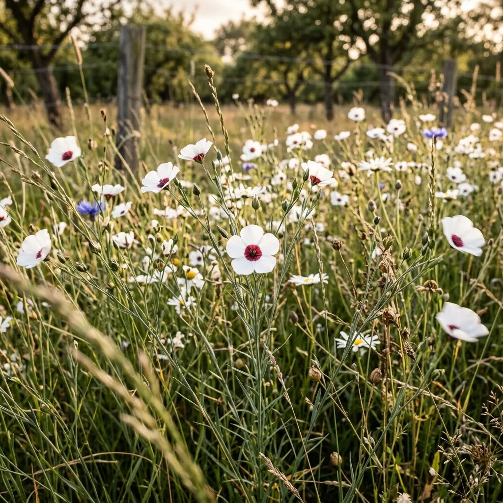 Lin Bright Eyes (Linum grandiflorum) naturalisé dans une bande fleurie — SemiSauvage