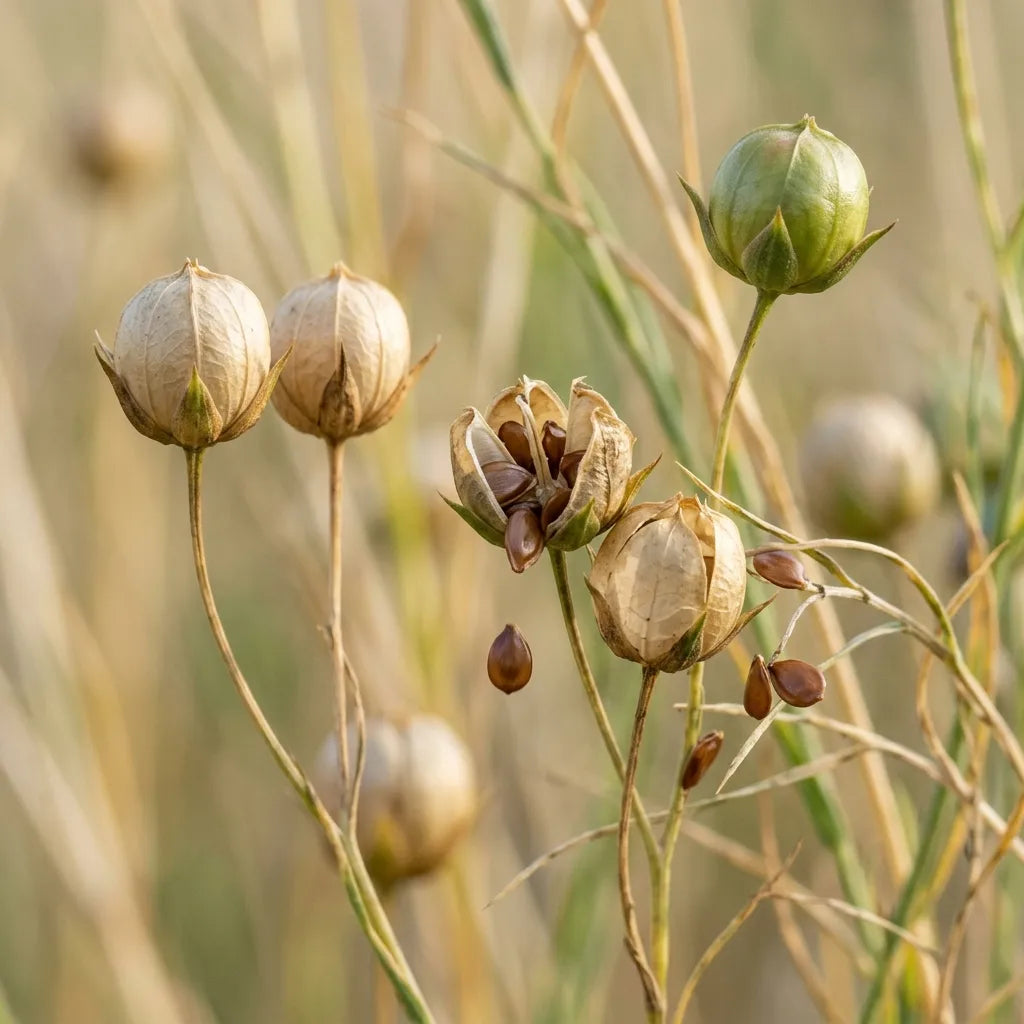 Capsules mûres de lin (Linum grandiflorum) pour la récolte de semences — SemiSauvage