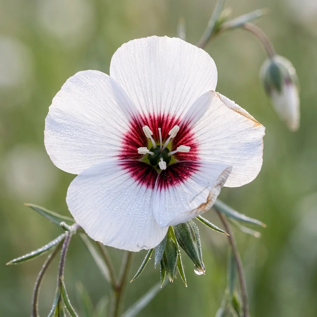 Fleur de lin Bright Eyes (Linum grandiflorum) à cœur cramoisi, couverte de rosée — SemiSauvage