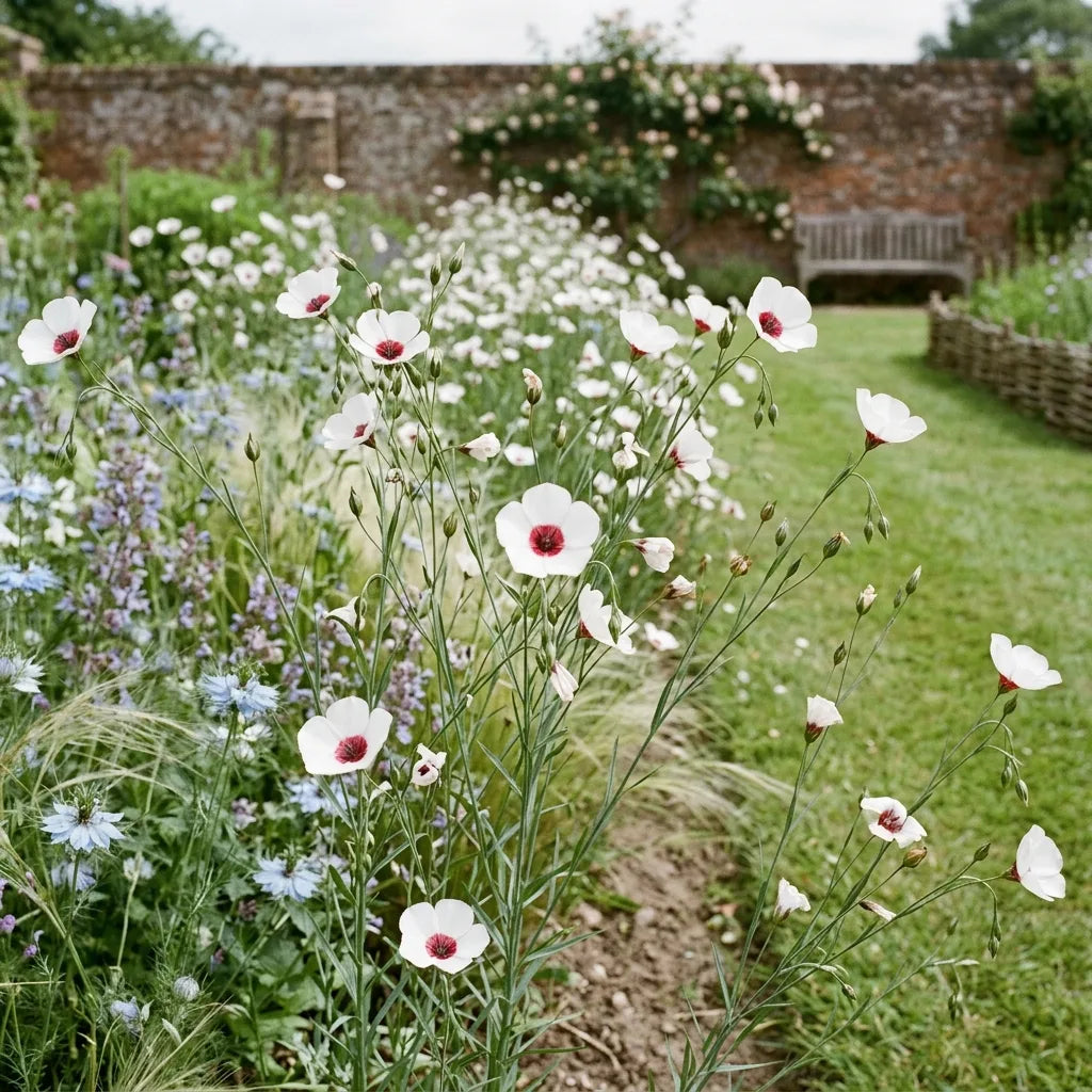 Lin Bright Eyes (Linum grandiflorum) semé en nappe dans un massif — SemiSauvage