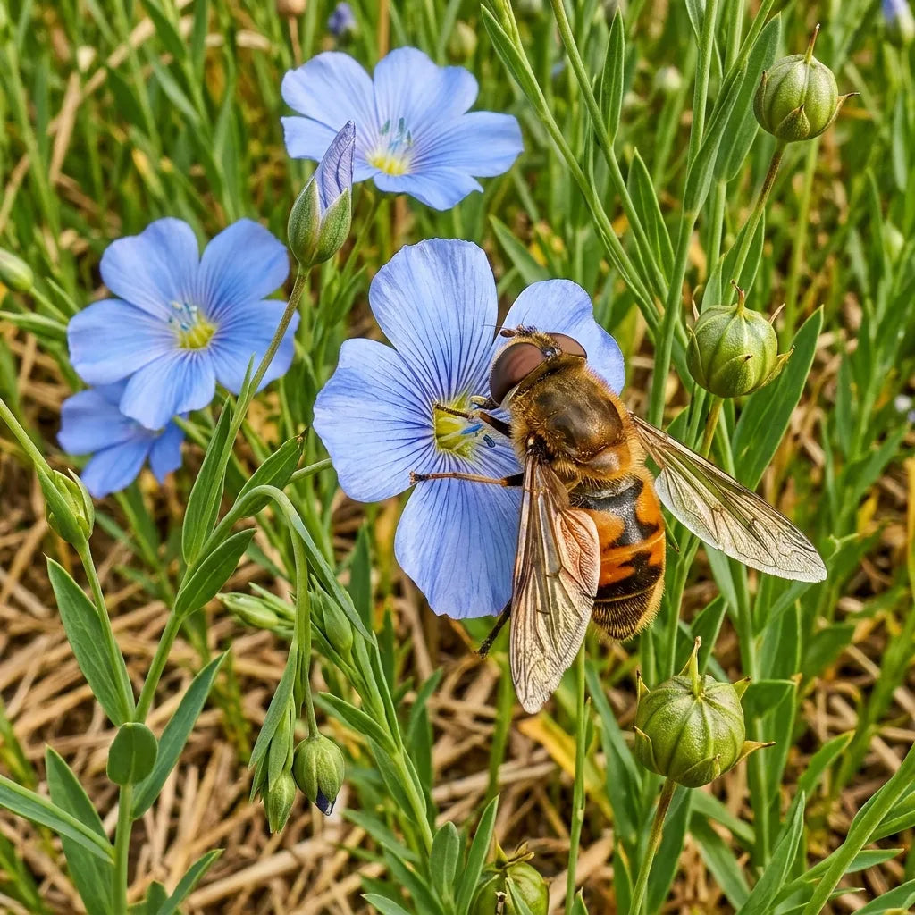 Éristale gluante butinant une fleur de lin bleue