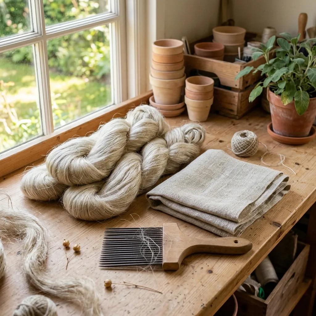 Filasse de lin peignée et toile de lin écrue dans un atelier de jardin