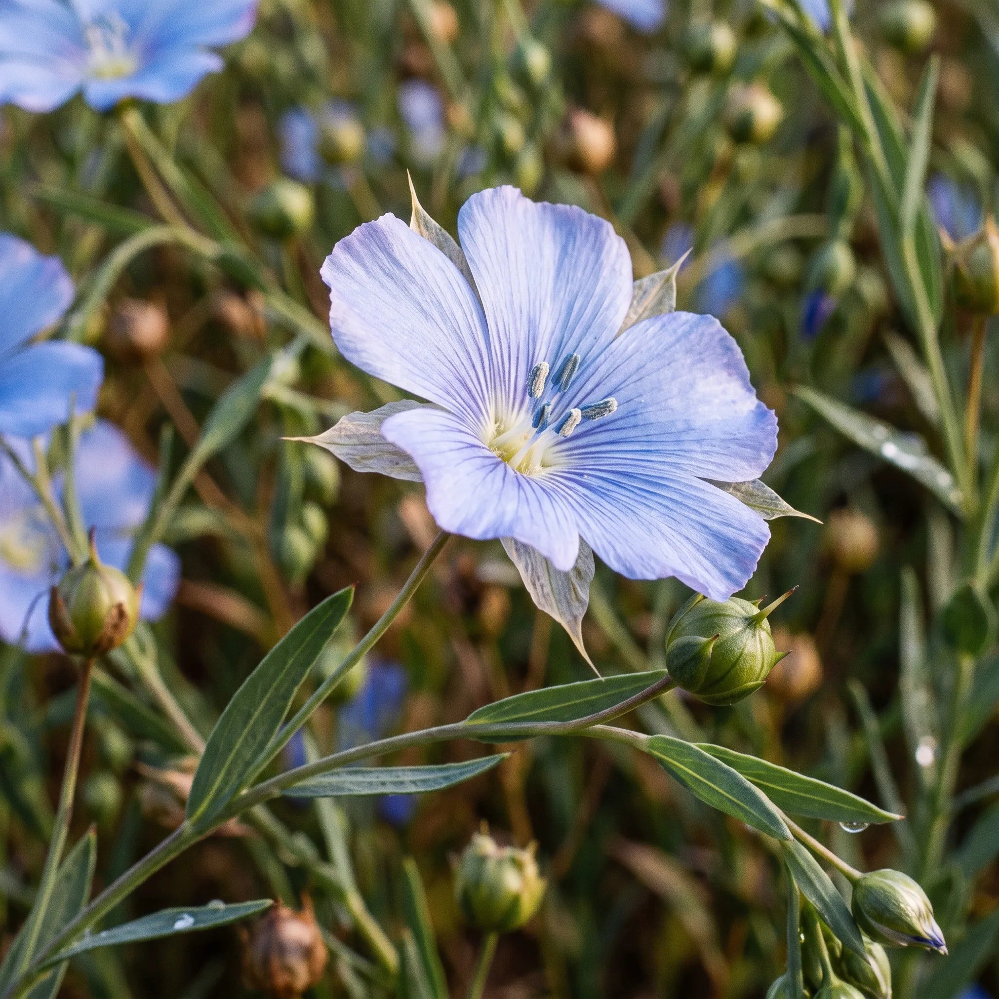 Macro d'une fleur de lin bleue veinée et d'une capsule à bec pointu
