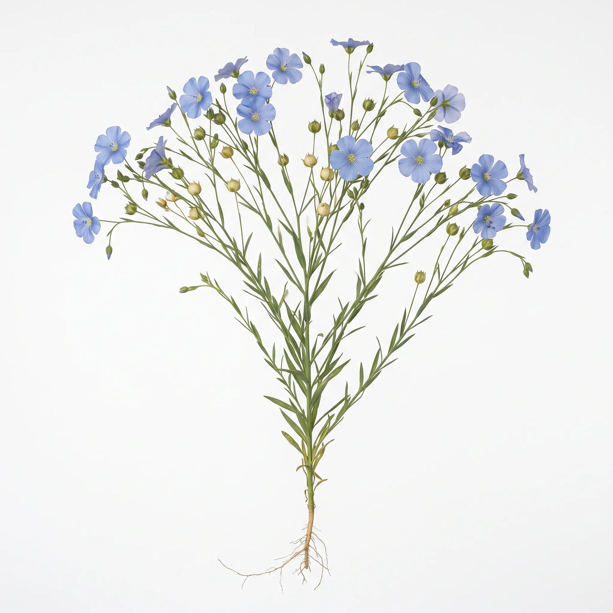 Pied fleuri de lin cultivé (Linum usitatissimum) sur fond blanc, fleurs bleu ciel