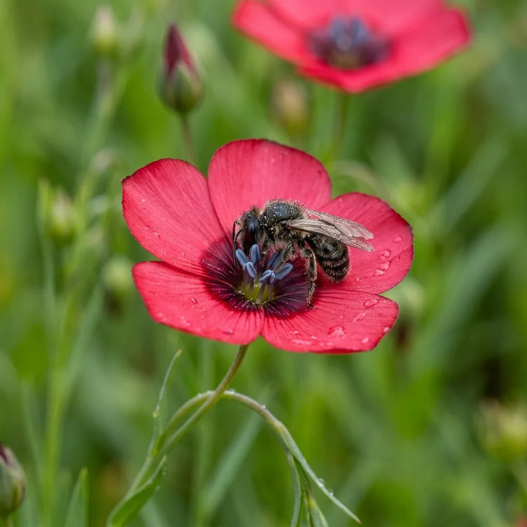 Abeille sauvage butinant une fleur de lin rouge au petit matin — SemiSauvage