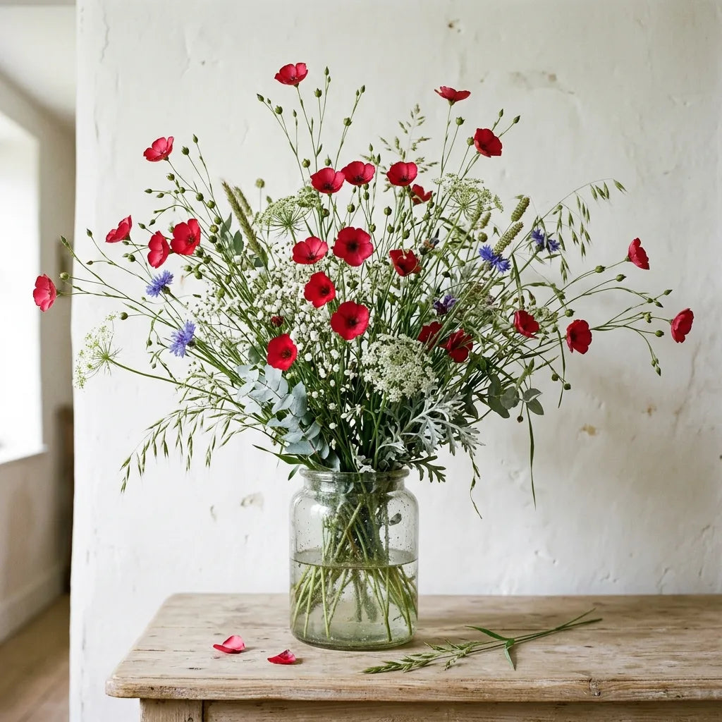 Bouquet champêtre de lin rouge, ammi et graminées dans un vase de verre — SemiSauvage