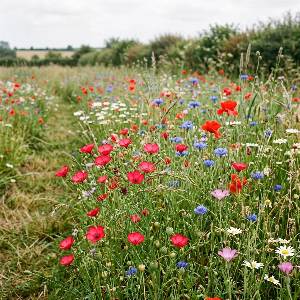 Lin rouge dans une prairie fleurie champêtre avec bleuets et coquelicots — SemiSauvage