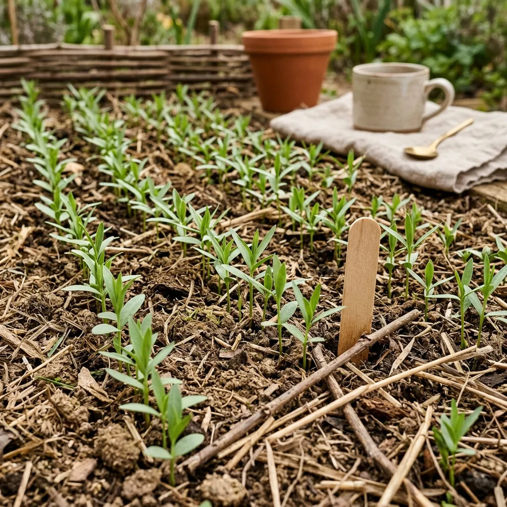 Jeunes plantules de lin venant de lever en pleine terre sur sol paillé