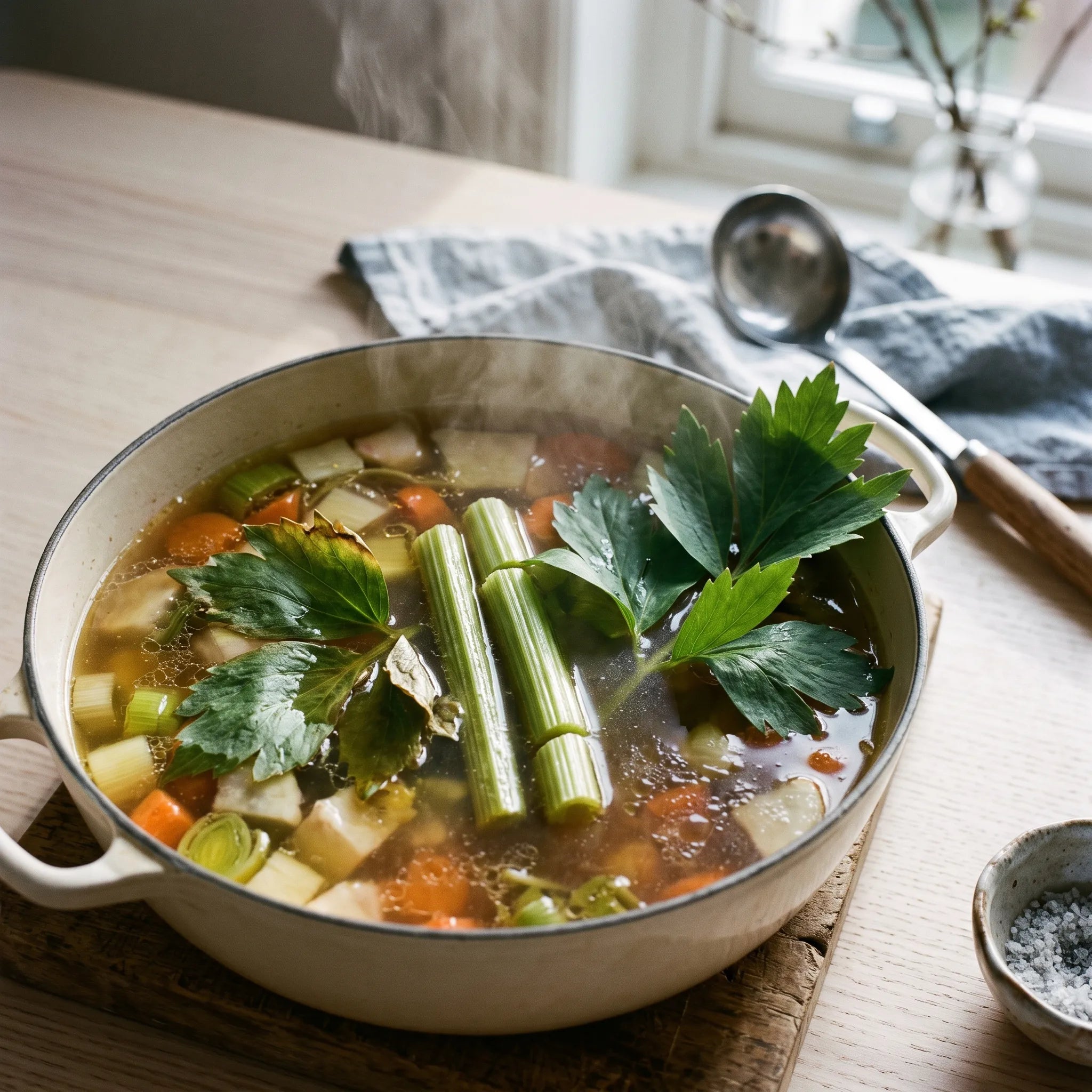 Bouillon de pot-au-feu parfumé aux feuilles et tiges de livèche