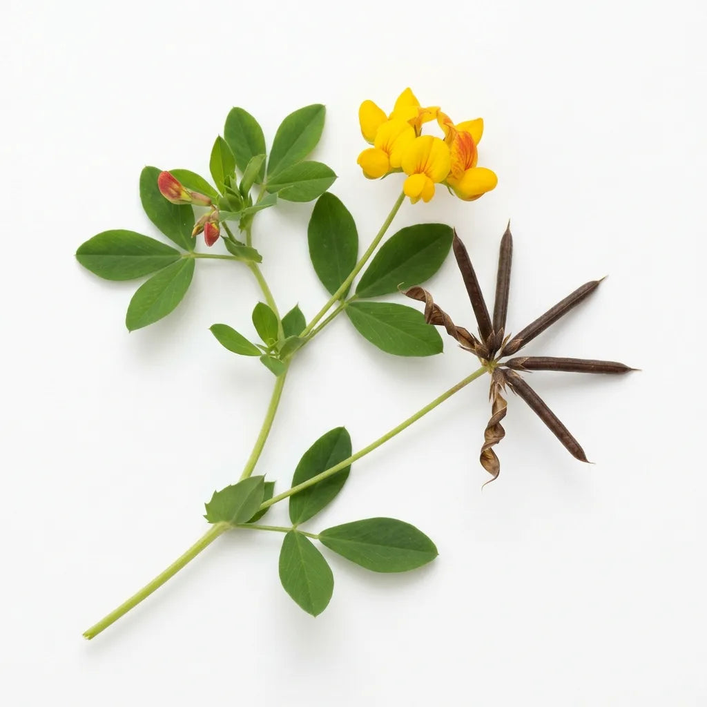 Brin de Lotier corniculé (Lotus corniculatus), fleurs jaunes et gousses en étoile, sur fond blanc — SemiSauvage