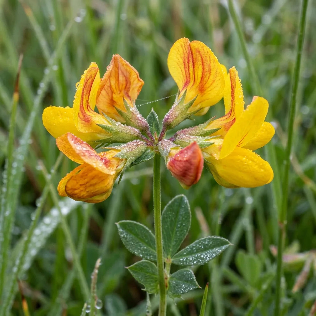 Ombelle de lotier aux étendards striés de rouge sous la rosée, macro — SemiSauvage