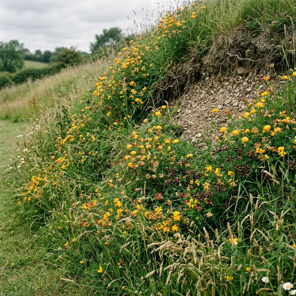 Talus fixé par un tapis de lotier corniculé en fleurs — SemiSauvage