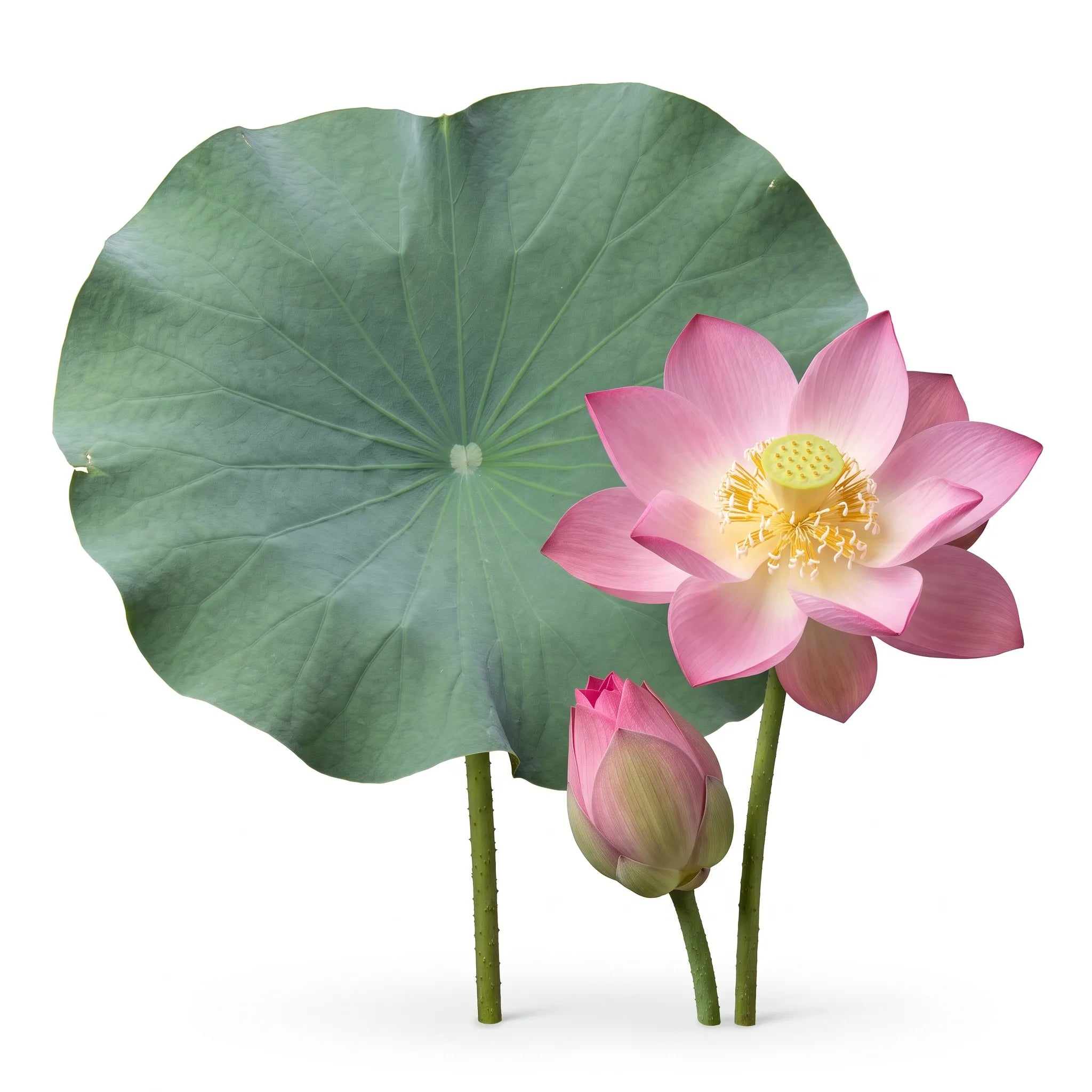Feuille peltée, fleur et bouton de lotus sacré coupés net sur fond blanc — graines reproductibles SemiSauvage