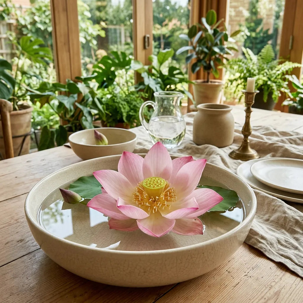 Fleur de lotus sacré flottant dans une coupe de céramique sur une table de véranda — SemiSauvage