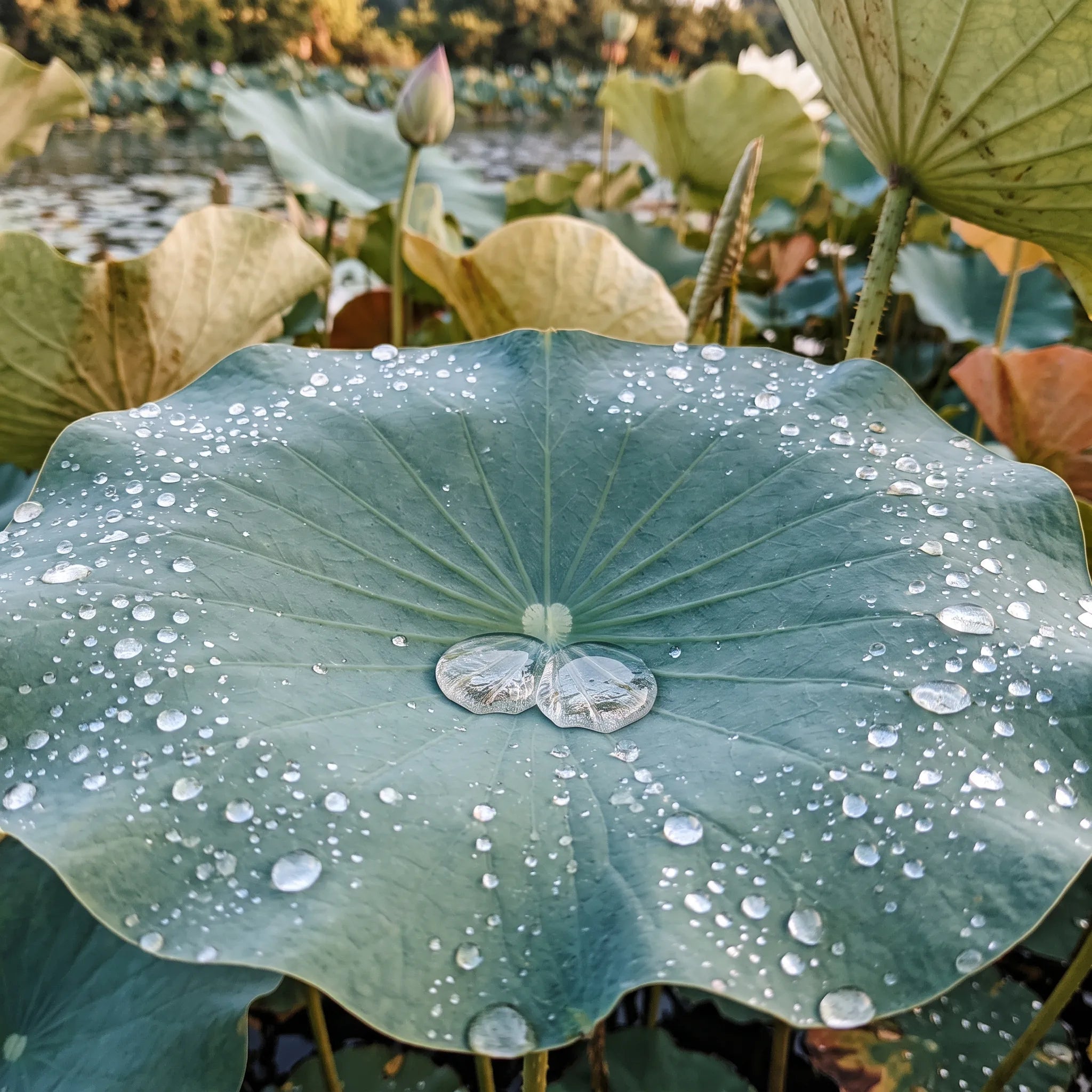 Macro de l'effet lotus : gouttes en billes sur le limbe pelté du Nelumbo nucifera — SemiSauvage