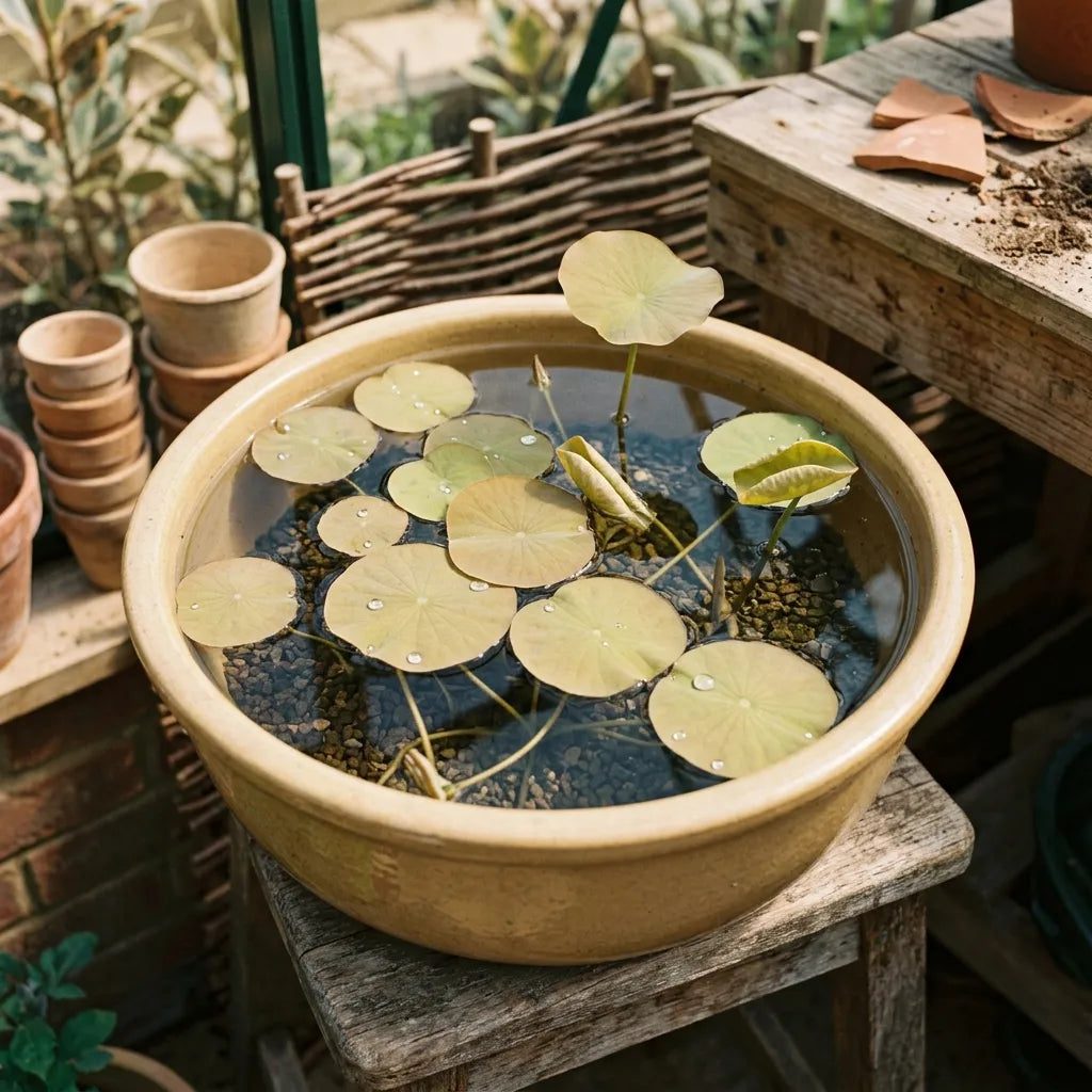Semis de lotus sacré : jeunes feuilles flottantes dans une bassine de terre cuite — SemiSauvage