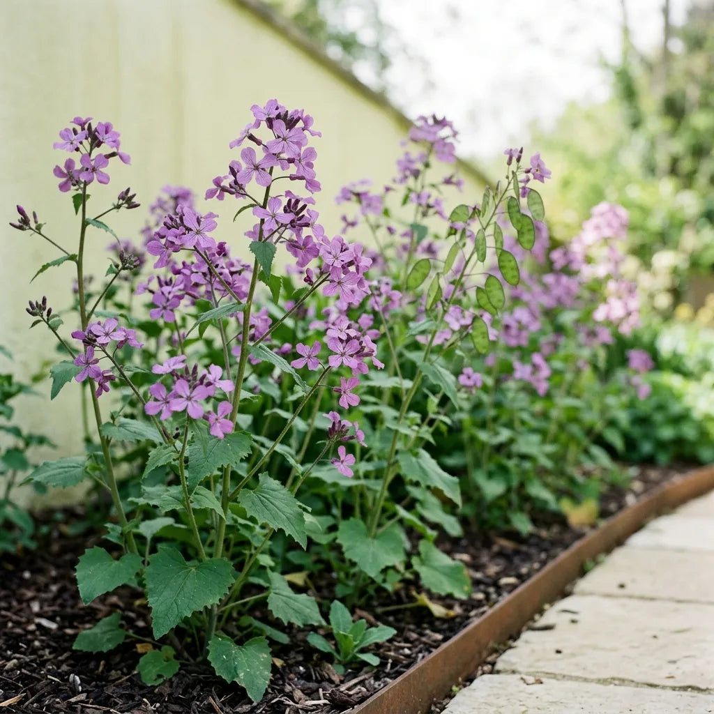 Colonie de monnaie du Pape en fleurs dans une lisière ombragée de jardin contemporain — SemiSauvage