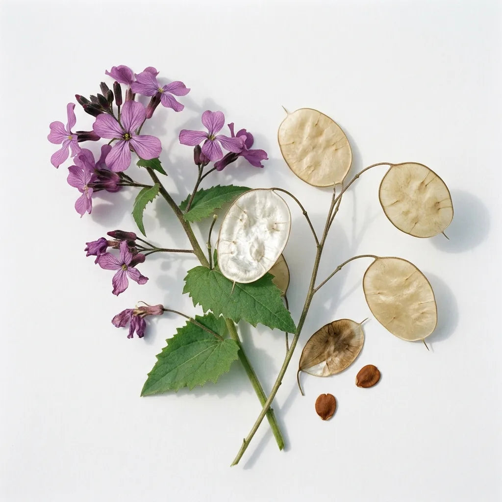 Monnaie du Pape (Lunaria annua) sur fond blanc : rameau fleuri à fleurs mauves en croix et rameau portant des silicules nacrées translucides — SemiSauvage