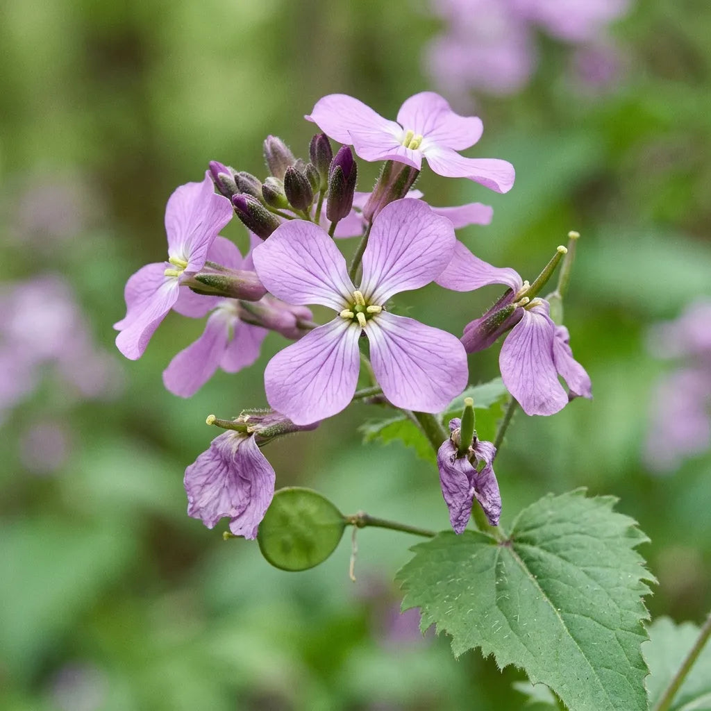 Macro d'une grappe fleurie de Lunaria annua : quatre pétales en croix violet-mauve veinés de pourpre à onglet blanchâtre — SemiSauvage