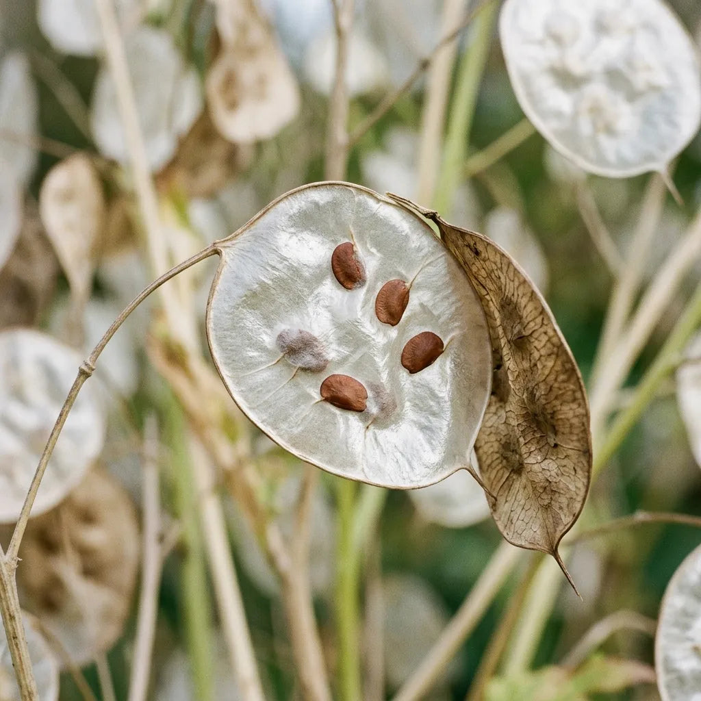 Macro d'une silicule de Lunaria annua en train de se dépouiller : valve brune pendante, cloison nacrée et graines plates — SemiSauvage