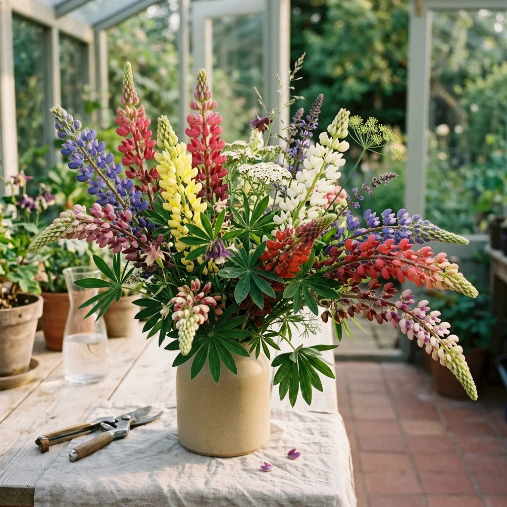 Bouquet dense et asymétrique de lupins nains de Russel dans un vase de céramique sable, en véranda de jardin