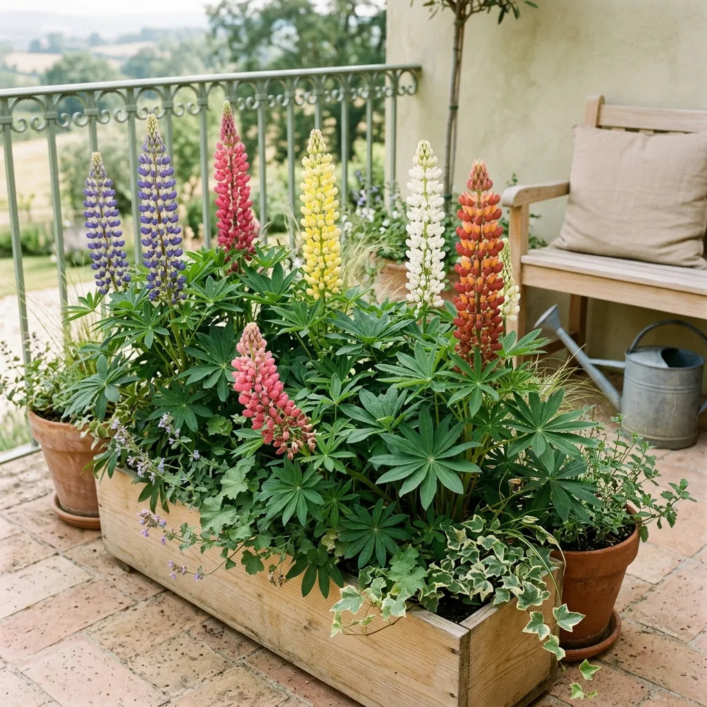 Lupins nains de Russel cultivés en jardinière et pots de terre cuite sur un balcon de campagne