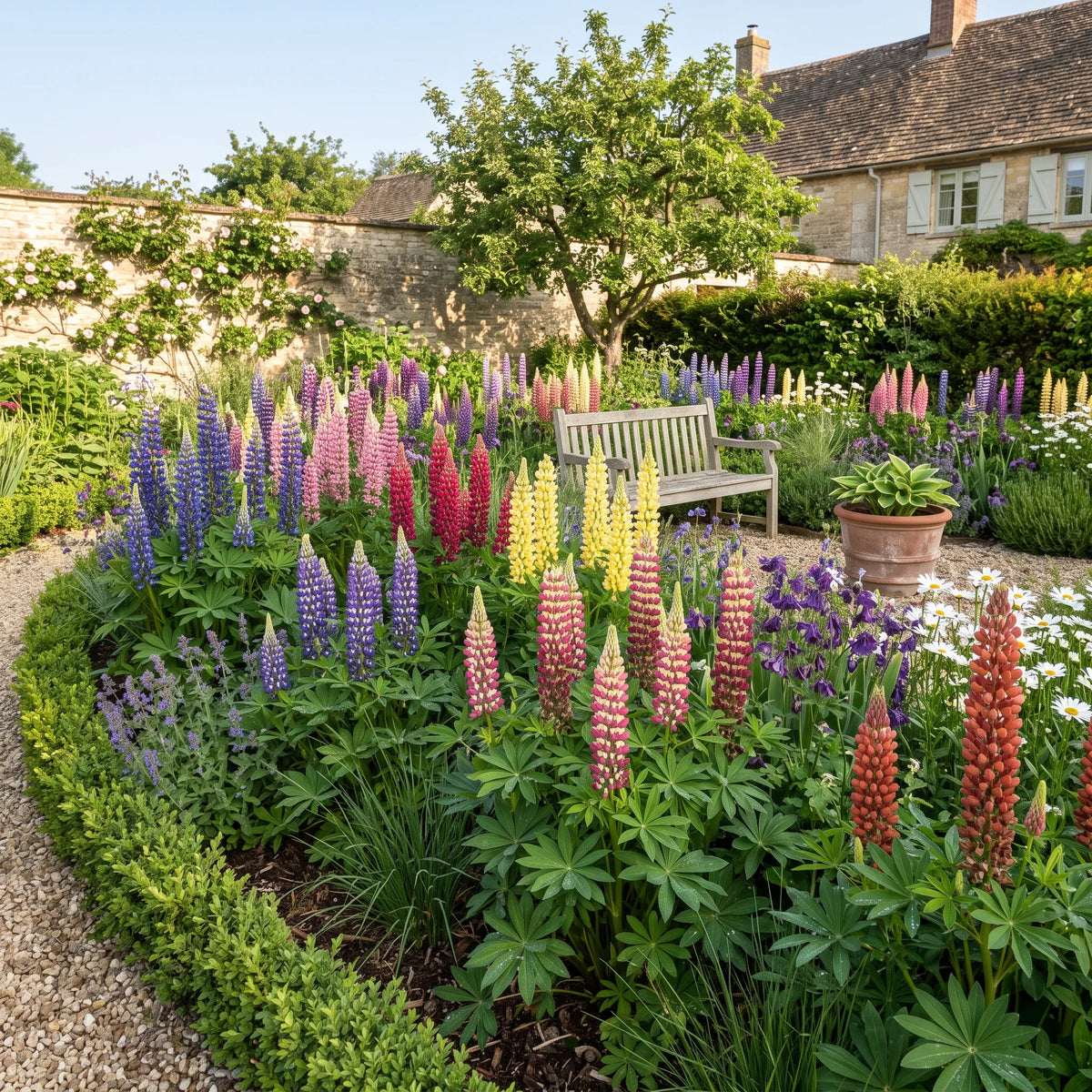 Massif de lupins nains de Russel en pleine floraison dans un jardin de campagne, dégradé de couleurs Russell
