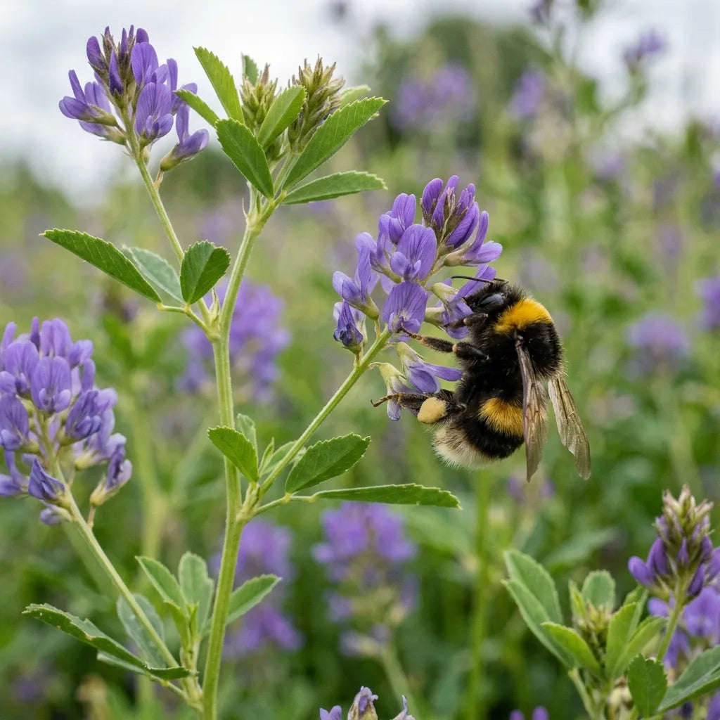 Bourdon butinant les fleurs de luzerne, seul assez puissant pour les ouvrir — SemiSauvage