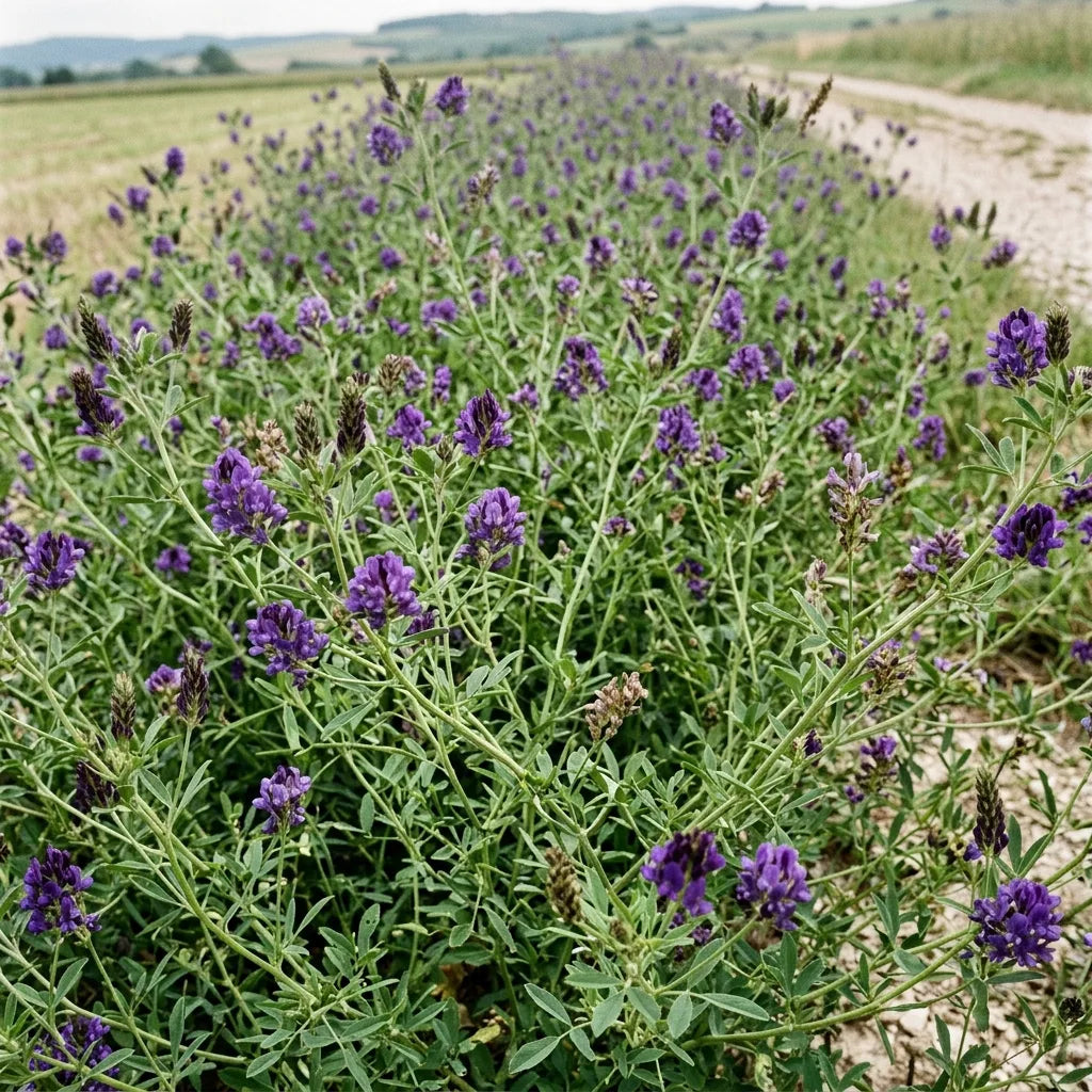 Parcelle de luzerne laissée fleurir, couvert dense piqueté de violet — SemiSauvage
