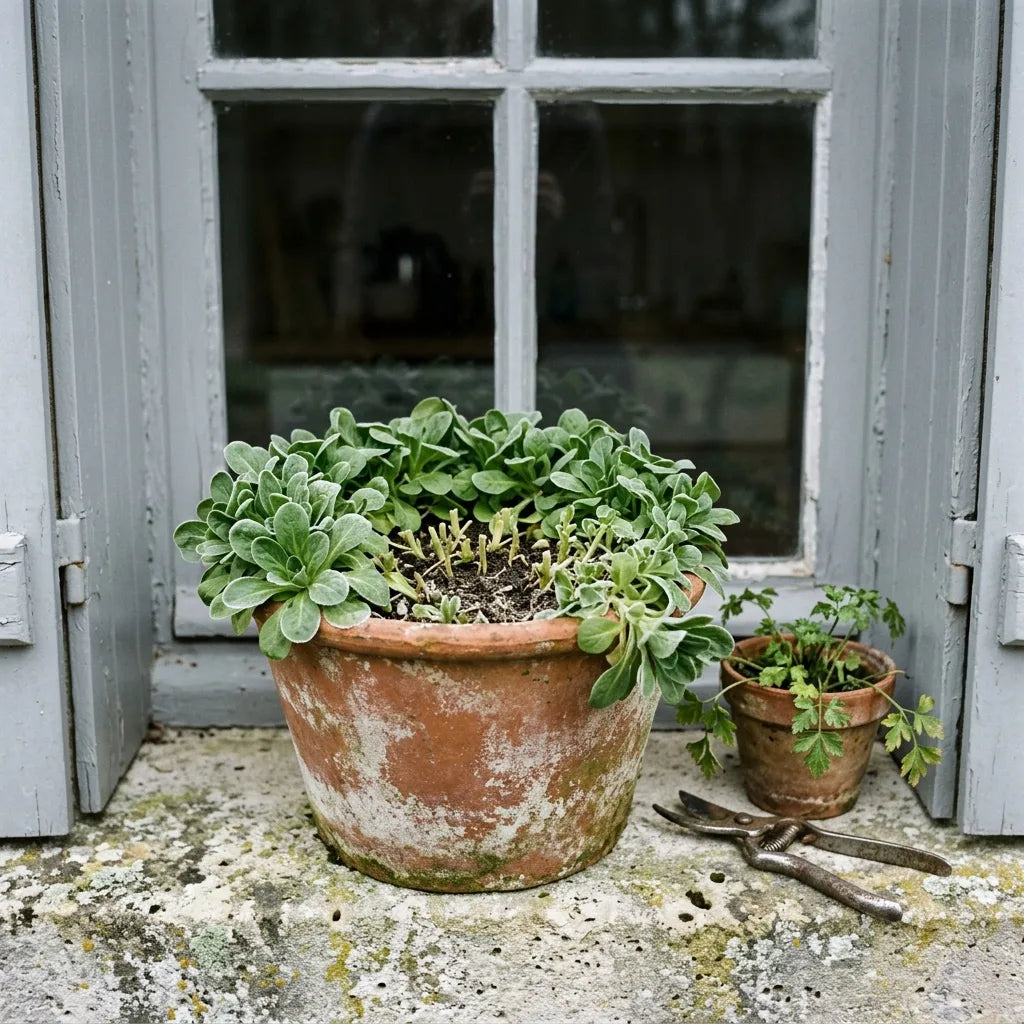 Mâche cultivée en jardinière de terre cuite sur un appui de fenêtre — SemiSauvage