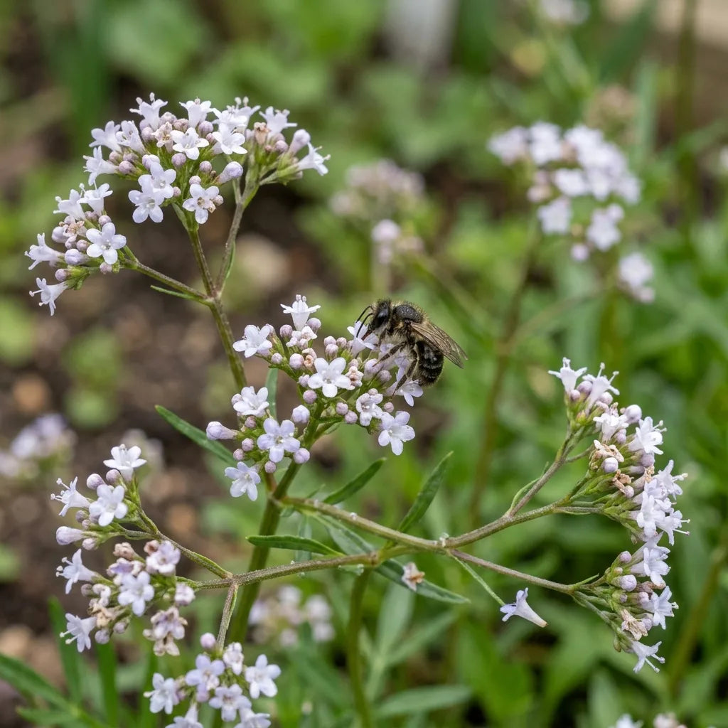 Abeille sauvage sur les minuscules fleurs bleutées de la mâche montée — SemiSauvage