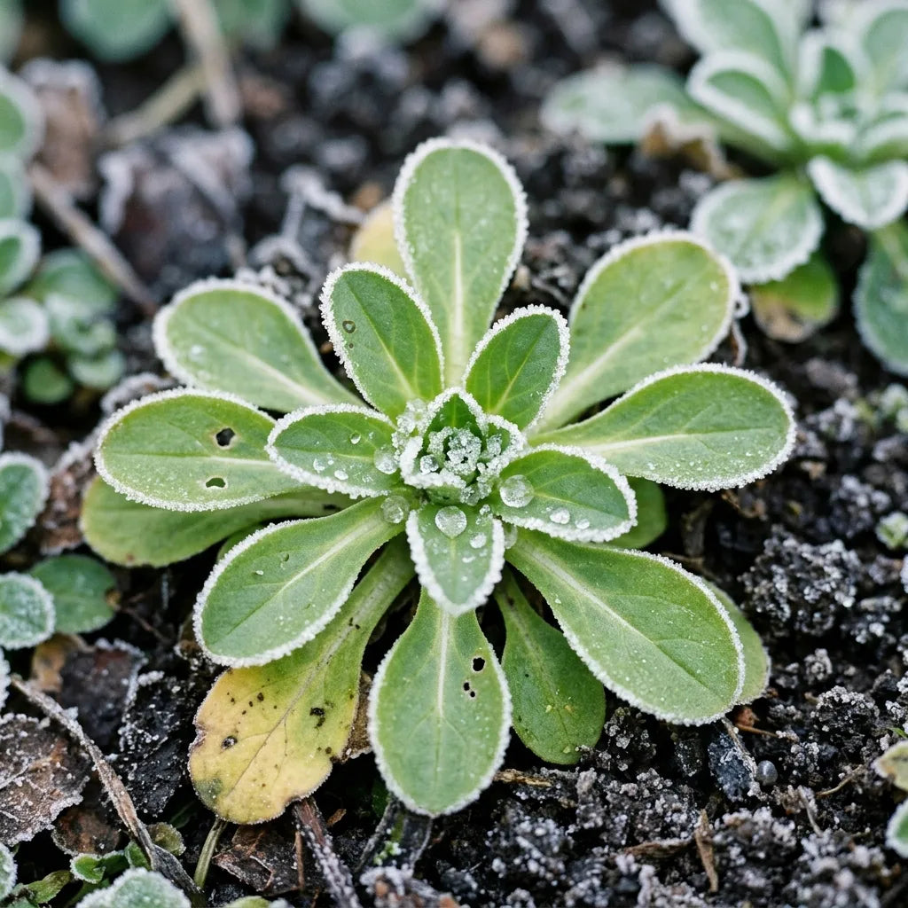 Rosette de mâche bordée de givre, feuilles opposées en étoile, macro — SemiSauvage