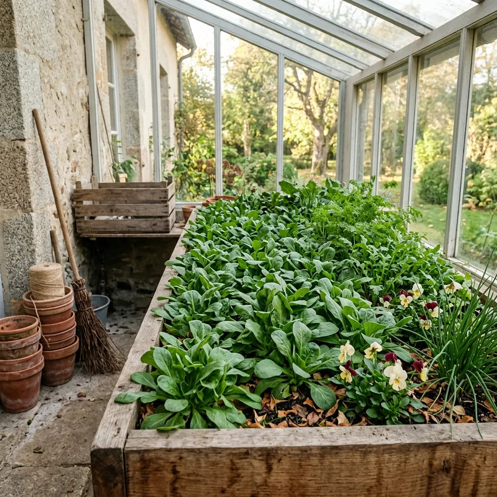 Mâche verte de Cambrai cultivée en jardinière de châtaignier sous un appentis vitré